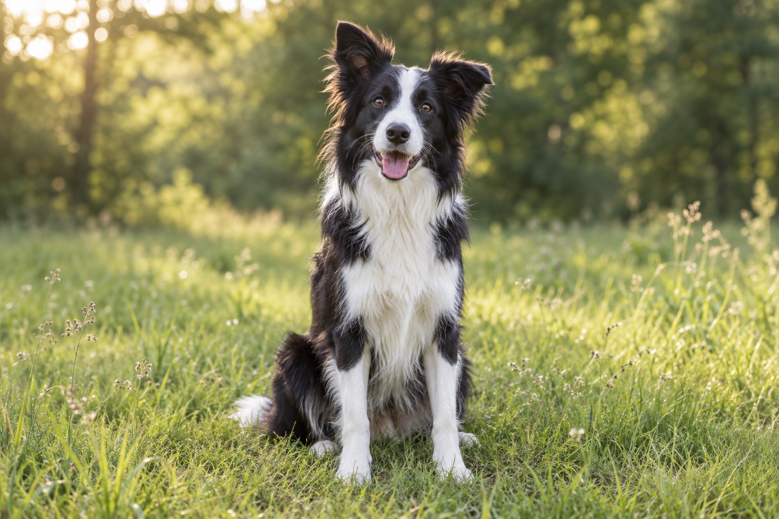 Illustrative AI portrait of a border collie sitting in a meadow; not a Belle Rose dog or property